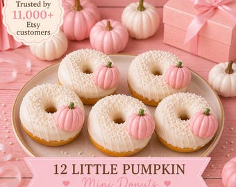 12 Little Pumpkin Mini Donuts, Baby Shower Treats, First Birthday Donuts, Pink Pumpkin Dessert Table Fall