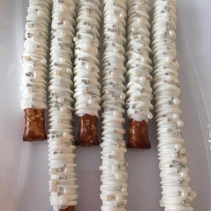12 White Chocolate Silver Pearl Covered Pretzels Birthday Party Baby Shower Treats Favors Sweets Table Wedding Anniversary Corporate Event