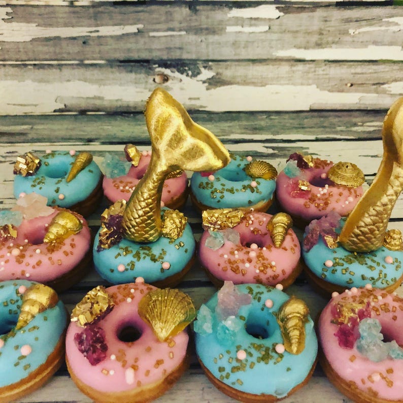 12 Beach Mermaid Theme Party Sweets Table Treats Sea Shell Mini Donuts Birthday Party Baby Bridal Wedding Shower Favors image 1