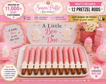 12 A Little Boo Is Almost Due Ghost Pretzel Rods, Pink Halloween Baby Shower Favors, Baby Girl Dessert Table Treats