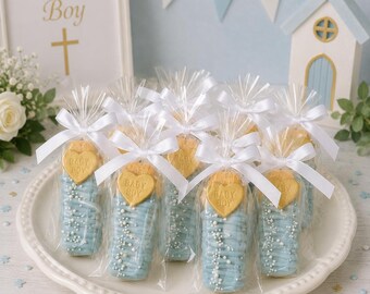 1 Dozen Baby Boy Blue Gold Heart Vanilla Wafer Cookies Chocolate Covered Party Favors   Corporate Baby Shower Party