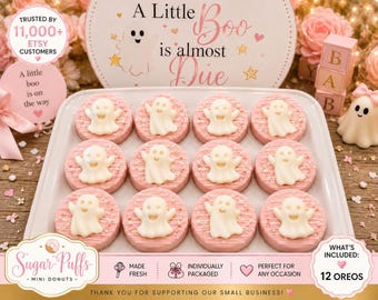 12 A Little Boo Is Almost Due Baby Shower Ghost Oreos, Pink Halloween Baby Shower Cookies, Girl Baby Shower Favors Halloween Party