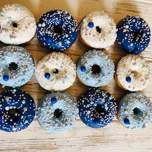 12 Blue Baby White Mini Donuts Doughnuts Wedding Baby Bridal Christmas New Years Sweets Table Candy Buffet Birthday Favors Treats