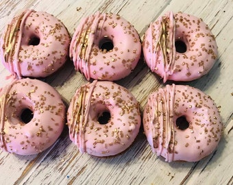 12 Pink Gold Mini Donuts Doughnuts Wedding Baby Bridal Christmas Sweets Table Candy Buffet Birthday Favors Treats Gender Reveal Shower