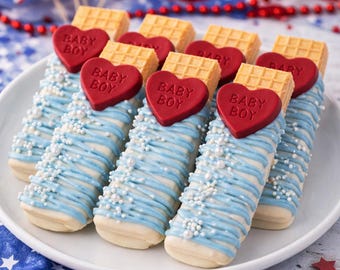 12 Baby Boy Vanilla Wafers | Baby Shower Favors | Blue Chocolate Dipped Wafers | Individually Wrapped Baby Treats | Americana Baby Boy Desse