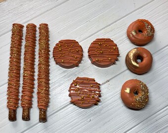 Terracotta Burnt Orange Rust Gold Mini Donuts Pretzels Oreos 36 Piece Set Wedding Bridal Baby Shower Birthday Party