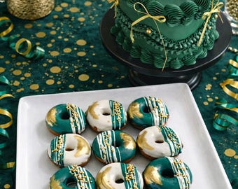 12 Emerald Green White and Gold Mini Donuts | Elegant Party Donuts | Emerald Gold Dessert Table Treats | Birthday Wedding Baby Shower