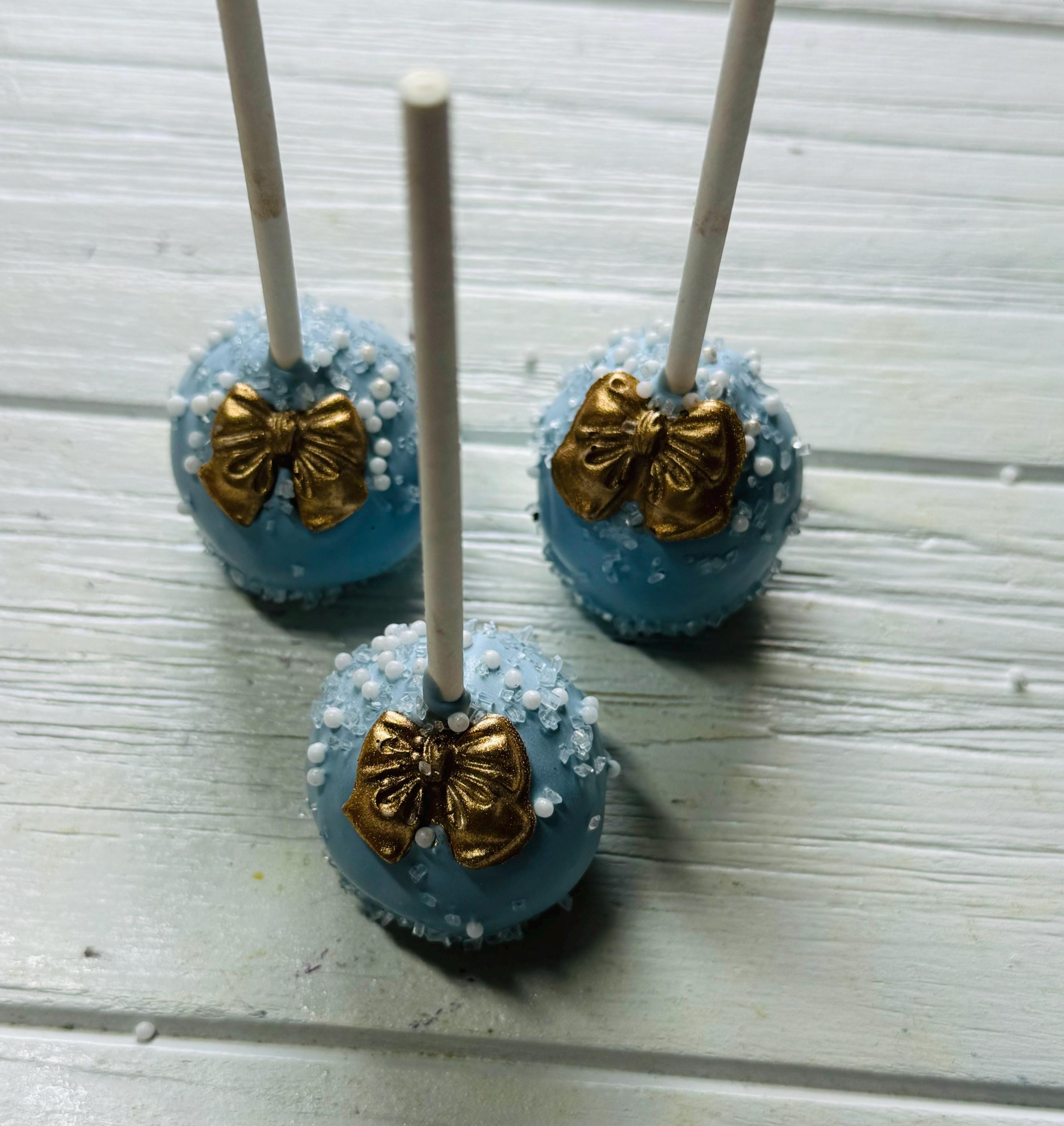12 Gold Bow Dusty Blue White Pearl Cake Pops Birthday Baby Bachelorette Party Shower Corporate Event She’s tying the knot
