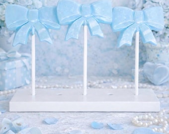 12 Bow Baby Blue Lollipops Party Favors – Custom Color Chocolate Bow Pops for Birthday, Baby Shower, Coquette Theme Bridal