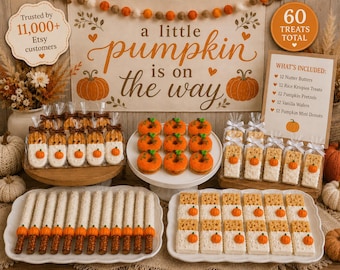 Little Pumpkin Is On The Way Baby Shower Treats, 60 Piece Dessert Table, Baby Shower Cookies, Donuts, Pretzels & Rice Krispies