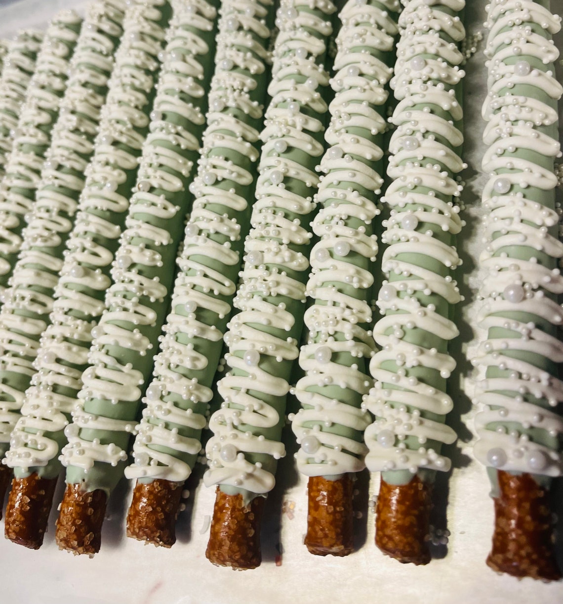12 Sage Green White Chocolate Pearl Covered Pretzels Birthday Etsy