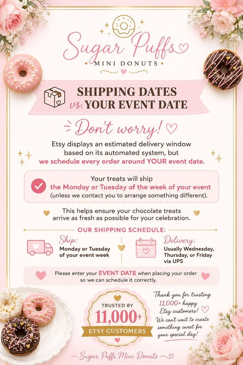 The image is a promotional flyer for Sugar Puffs Mini Donuts, featuring various donuts and a message about shipping dates and event dates.