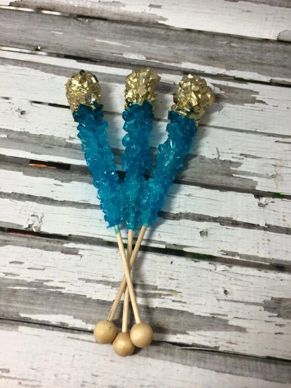 12 Carribean Blue Rock Candy Sugar Sticks Gold Sweets Table Etsy