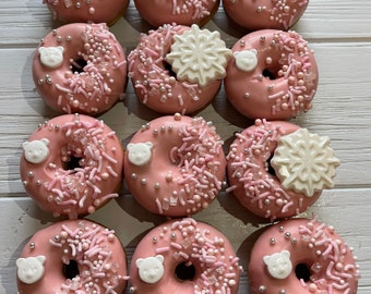 12 Pink White Polar Bear Snow Mini Donuts Doughnuts Wedding Baby Bridal Christmas New Years Sweets Table Candy Buffet Birthday Favors Treats