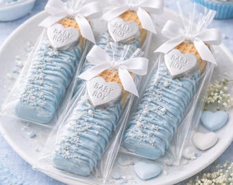 1 Dozen Baby Boy Blue Silver Heart Vanilla Wafer Cookies Chocolate Covered Party Favors   Corporate Baby Shower Party