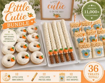 36 Little Cutie Baby Shower Treats | 12 Mini Donuts, 12 Pretzel Rods & 12 Rice Krispie Treats | Orange Dessert Table Bundle