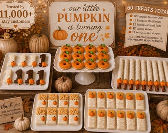 Our Little Pumpkin Is Turning One Birthday Treat Set, 60 Piece Dessert Table, First Birthday Cookies, Donuts Pretzels Rice Krispies Wafers