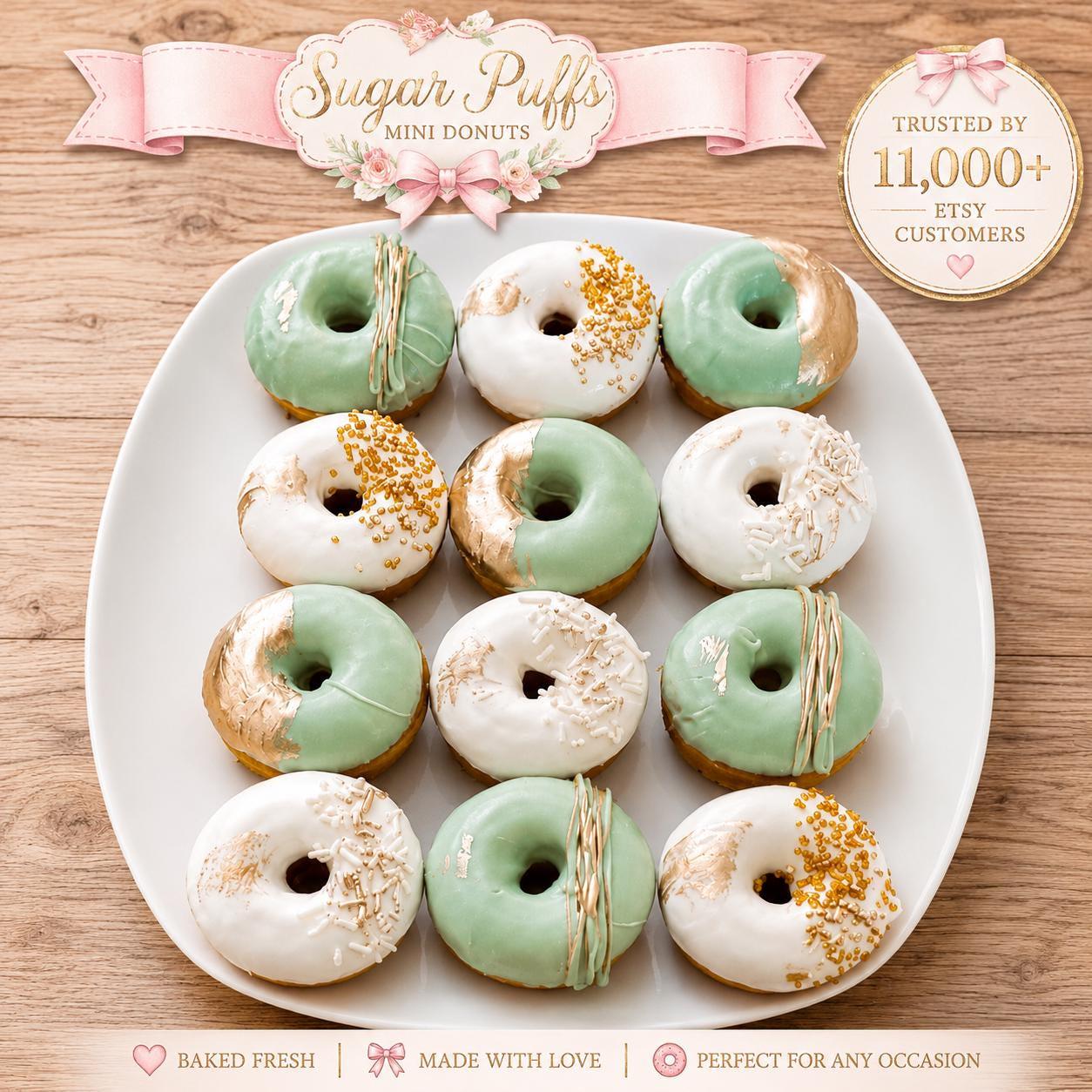 12 Sage Green & White Mini Donuts Gold Baby Shower Donuts Bridal Shower Dessert Table Elegant Party Treats Birthday