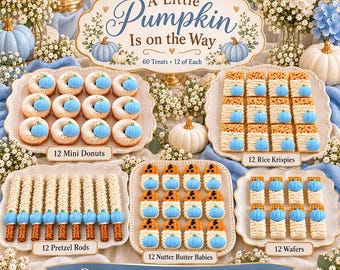 Dulces para baby shower "Llega una pequeña calabaza", mesa de postres de 60 piezas, galletas, donas, pretzels y Rice Krispies.