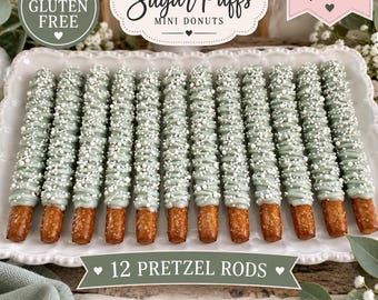 12 Gluten Free Chocolate Covered Pretzel Rods, Sage Green & White Party Treats, Wedding Favors, Baby Shower Dessert