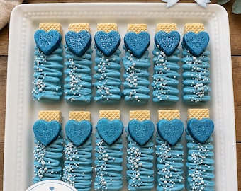 1 Dozen Baby Boy Blue Shimmer Heart Vanilla Wafer Cookies Chocolate Covered Party Favors   Corporate Baby Shower Party