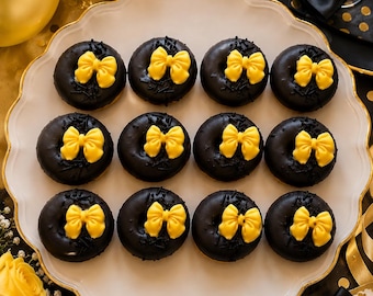 12 Coquette Black Yellow Mini Donuts Chocolate Covered Bow Donuts Birthday Party Dessert Table Treats Party Favors Bee Shower