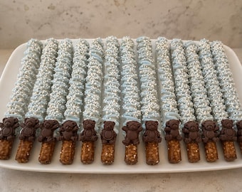 12 We Can Bearly Wait Pretzel Rods Teddy Bear Baby Shower Treats Blue Chocolate Covered Pretzels Boy Party Favors Dessert Table