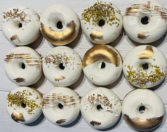 12  Gold White Mini Donuts Doughnuts Wedding Baby Bridal Christmas New Years Sweets Table Candy Buffet Birthday Favors Treats