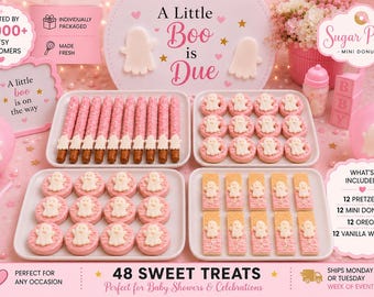 12 Little Boo Is Due Dessert Table Set | Ghost Baby Shower Treats | Pretzel Rods, Mini Donuts, Oreos & Vanilla Wafers | 48 Treats