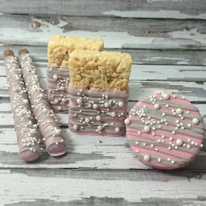 Pink Grey Gray Pearl  Birthday Party Sweets Table Set Chocolate Covered Pretzels Rice Krispie Crispy Krispy Treats Oreos