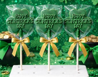 12 Shimmer Shamrock Lollipops, St Patrick’s Day Chocolate Favors, Green Lucky Party Treats, Classroom Candy Pops
