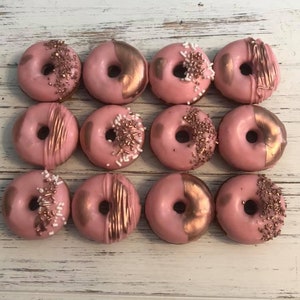 12 Pink Rose Gold White Mini Donuts Doughnuts Wedding Baby Bridal Christmas Sweets Table Candy Buffet Birthday Favors Treats
