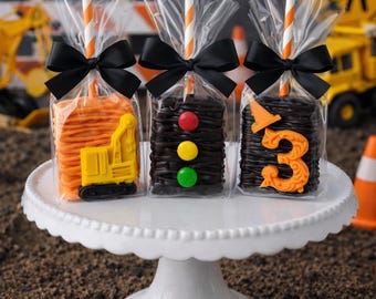 12 Construction Rice Krispies Treats – Custom Birthday Number Dessert Pops – Dump Truck Party Favors – Boy Birthday Sweets
