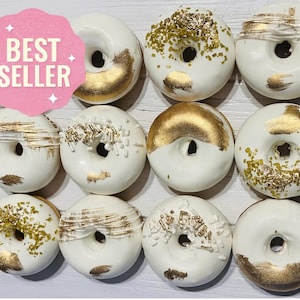 12  Gold White Mini Donuts Doughnuts Wedding Baby Bridal Christmas New Years Sweets Table Candy Buffet Birthday Favors Treats