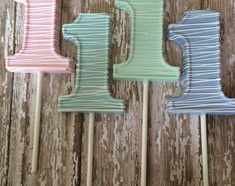 12 Pastel Stripe Number One Chocolate Lollipops Birthday 1st 1 Sweets Table Party Favors