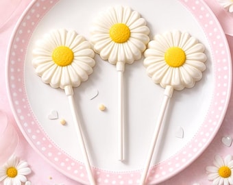 12 Daisy Chocolate Lollipops Wedding Birthday Party Favors Bridal Baby Shower Easter Sweets Table Candy Buffet Garden Party Spring Flower