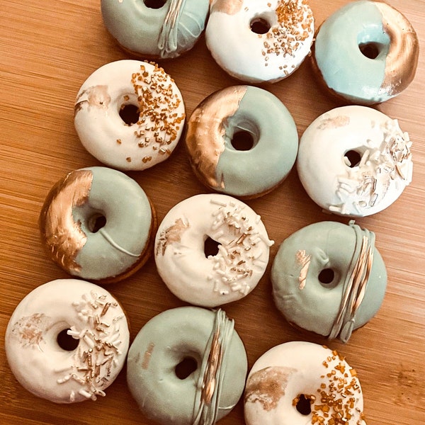 12 Sage Green Gold White Mini Donuts Doughnuts Wedding Baby Bridal Christmas New Years Sweets Table Candy Buffet Birthday Favors Treats