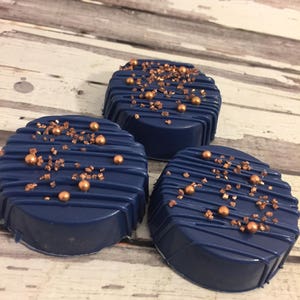 12 Rose Gold and Navy Blue Chocolate Covered Oreo Oreos Sweets Table Wedding Favors
