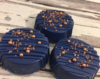 12 Rose Gold and Navy Blue Chocolate Covered Oreo Oreos Sweets Table Wedding Favors