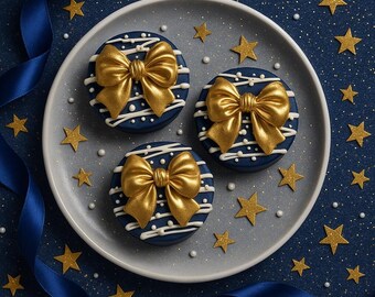 May include: Three round dark blue cookies decorated with white icing stripes and a large metallic gold bow on each. The cookies are arranged on a light gray plate, surrounded by scattered gold star cutouts and small white pearl sprinkles.