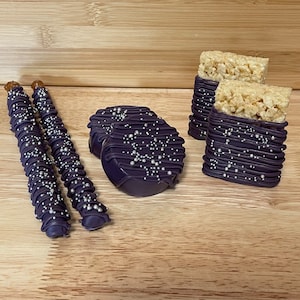 Purple Silver Gray Pearl  Birthday Party Sweets Table Set Chocolate Covered Pretzels Rice Krispie Crispy Krispy Treats Oreos