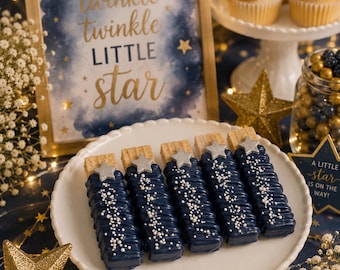 12 Twinkle Twinkle Little Star Vanilla Wafer Cookies, Navy Silver Baby Shower Favors, Celestial Dessert Table Treats, Star Party Cookies
