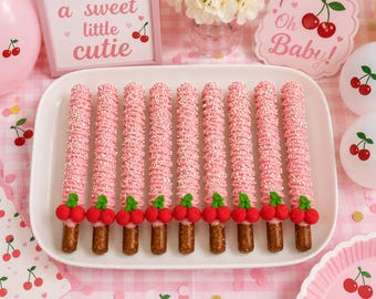 Cherry Chocolate Covered Pretzel Rods – 12 Cherry Pretzels – She’s the Cherry on Top Baby Shower Favors – Cherry Themed Party Treats Pink