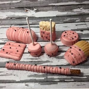 84 Piece Table Set Twinkies Marshmallows Madeleines Oreos Cake Pops Rice Krispie Treats Pretzels  Silver Pink Baby Bridal Shower