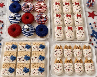 48 Fourth of July Chocolate Covered Treats | Patriotic Dessert Box | July 4th Party Sweets | Red White & Blue Dessert Table