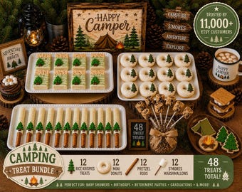 48 Happy Camper Treats Bundle | 12 Mini Donuts, 12 Pretzel Rods, 12 Rice Krispie Treats & 12 S’mores Marshmallows