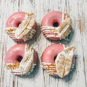 12 Wild One Boho Chic Feather Mini Donuts Doughnuts Birthday Party Treats Sweet Table Favors Pink White Gold
