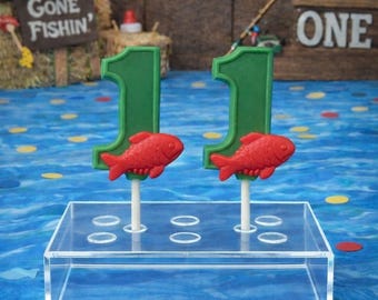 12 Number 1 Fishing Lollipops – First Birthday Party Favors, Fish Chocolate Candy Pops Gone Fishing