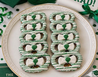 12 Green White Graduation Pretzel Twists, Diploma Pretzels, Chocolate Covered Pretzels, Graduation Party Favors, Dessert Table Treats, Open