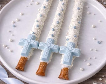 12 White Baby Blue  Chocolate Cross Pretzel Rods – Baptism Communion Confirmation Religious Party Favors Confirmation